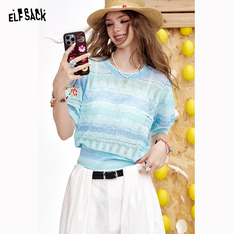 妖精的口袋蓝色条纹镂空短袖针织衫2025夏设计感薄上衣25206034