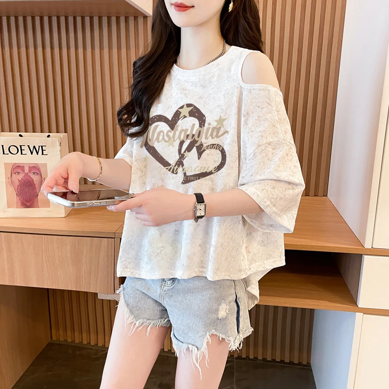 设计感扎染露肩短袖T恤女夏季韩版宽松百搭时尚网红洋气炸街上衣