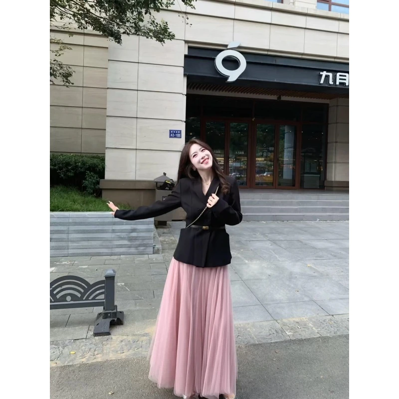 INS CEC法式高级感秋季新款黑色长袖西装外套网纱蓬蓬长裙套装