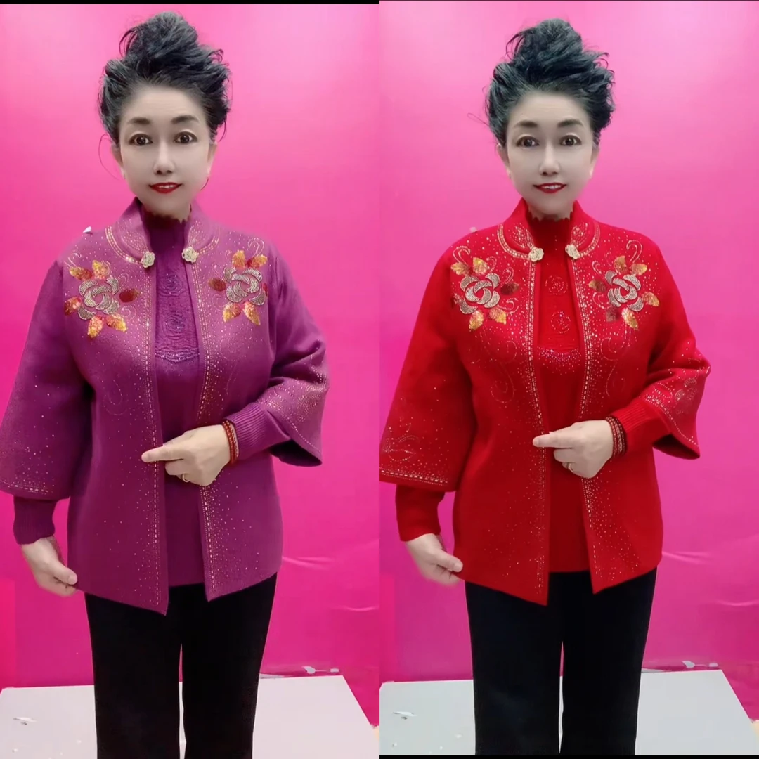 中老年手工串珠两件套本命年秋冬婚宴上衣外套