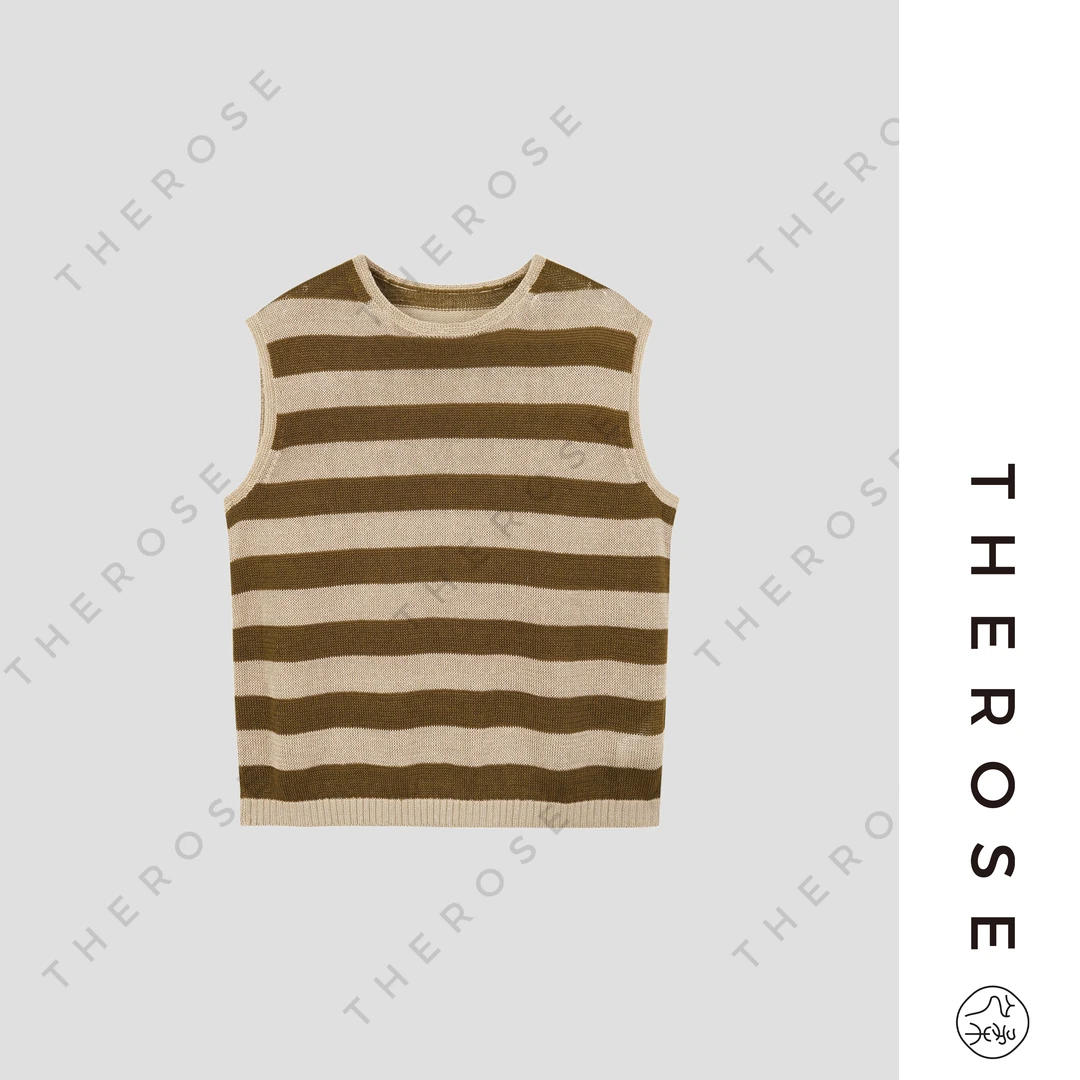 之柔【橄榄背心】时尚休闲亚麻度假条纹舒适干爽透气弹性无袖上衣女