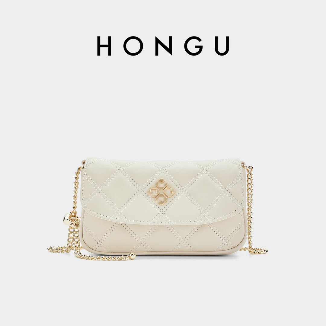 HONGU/红谷时尚真皮小方包轻奢百搭单肩斜挎包小香风菱格女包7094