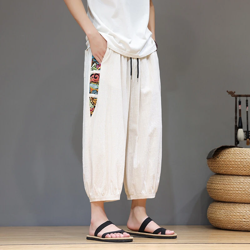 中国风夏季薄款男士宽松直筒阔腿休闲裤冰丝男装大码七分哈伦裤子