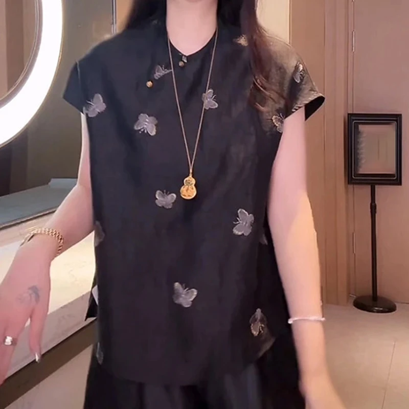 新中式国风重工蝴蝶刺绣短袖T恤女2025夏季新款气质立领宽松上衣