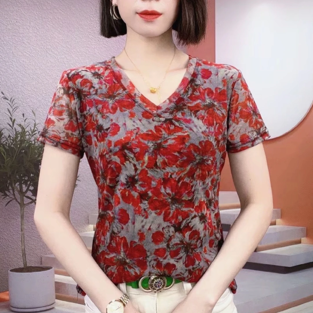 【长袖/短袖】欧洲站V领花色网纱打底衫上衣2025夏季品瘦气质A2151