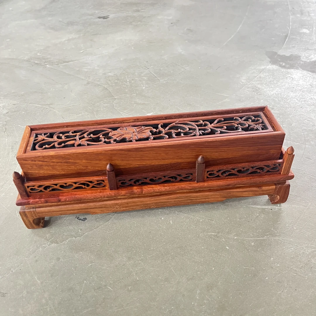 000 大果紫檀镂空长方卧香盒带底座摆件