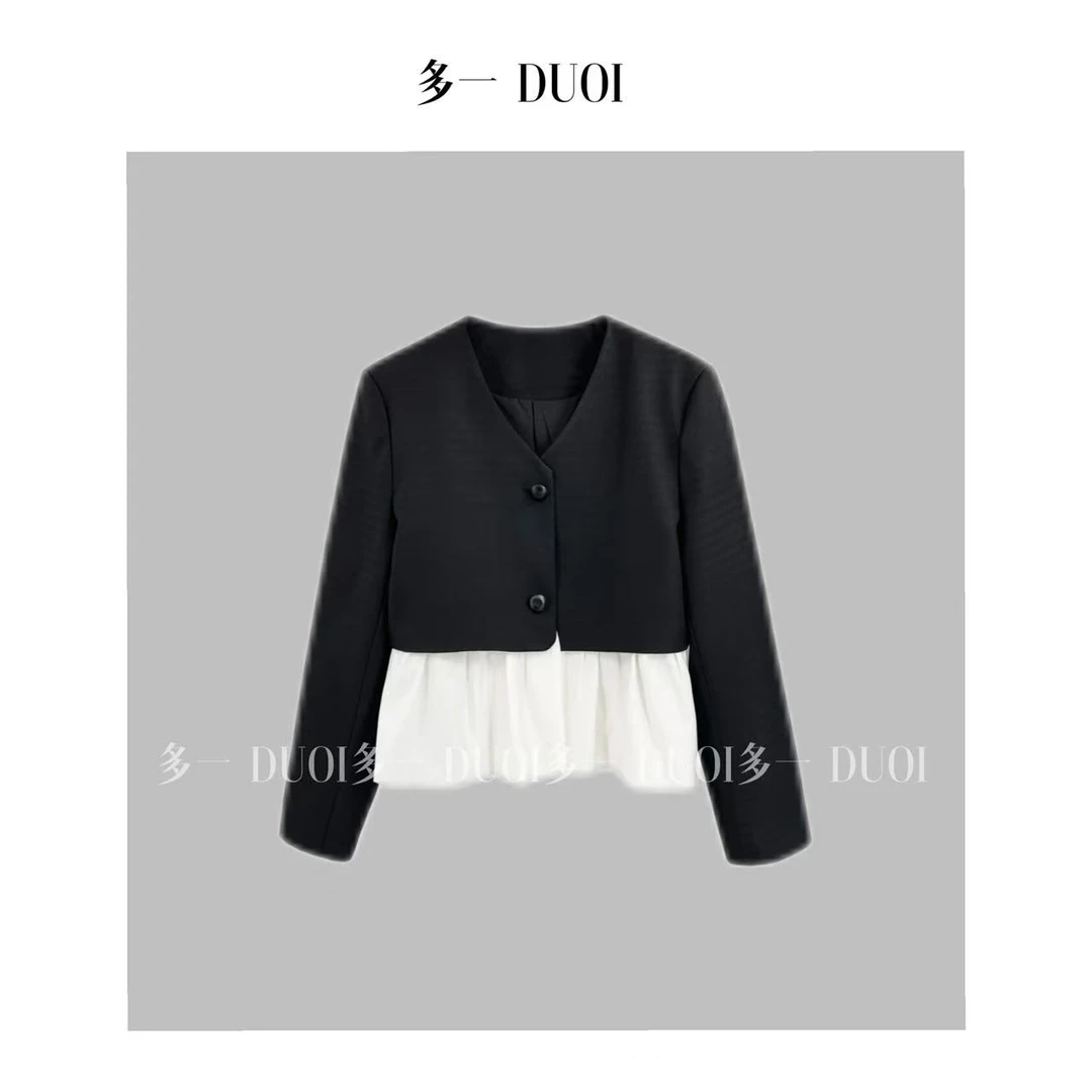 多一“盐系西服”2025春季时尚设计感V领上衣网纱拼接长袖西装外套