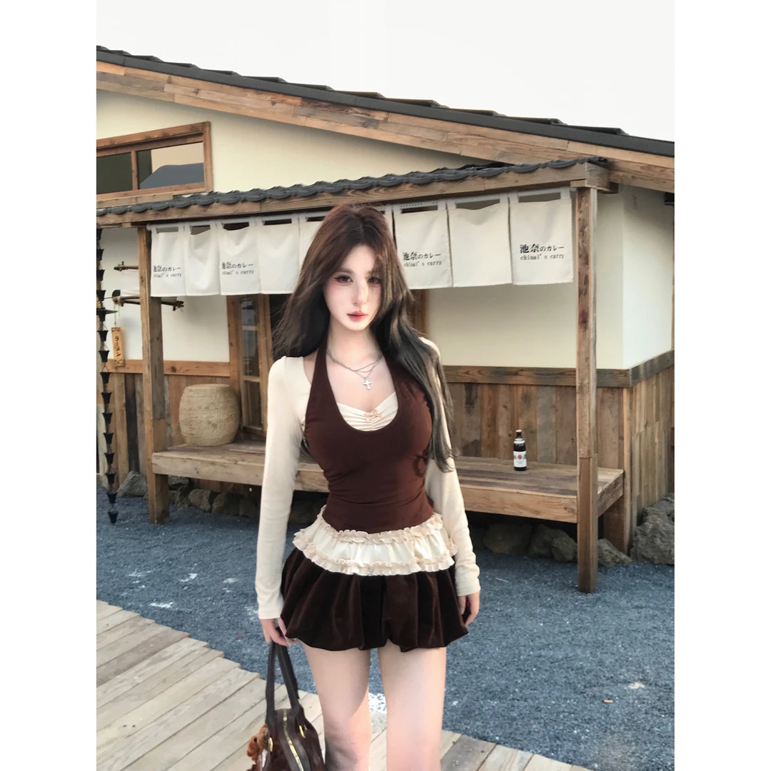 Mejiu蜜九【暖棕限定】设计感假两件上衣纯欲辣妹褶皱半裙显瘦套装