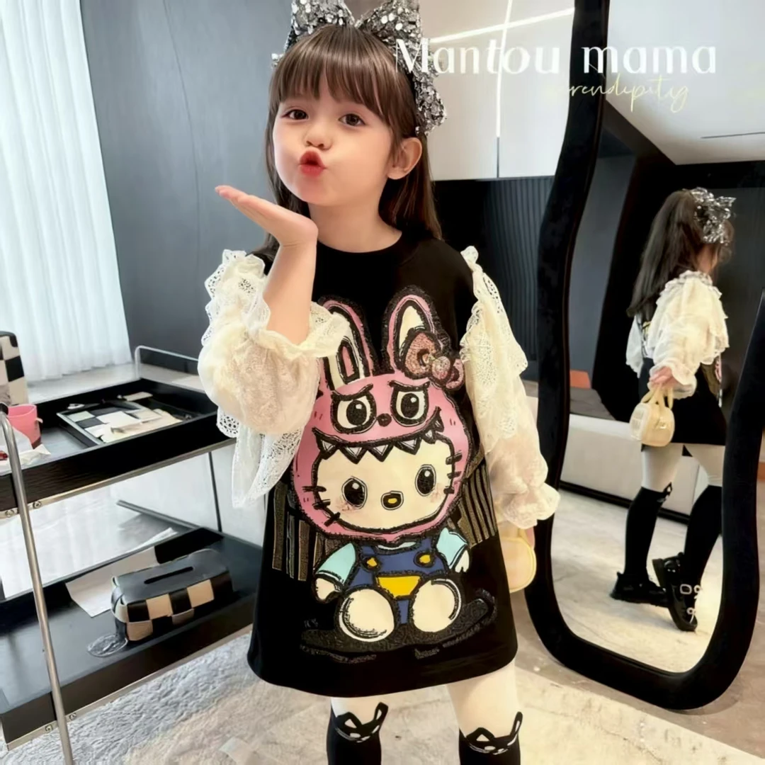 女童连衣裙夏季2025新款儿童花边袖裙子女孩拉布布卫衣裙子裤子