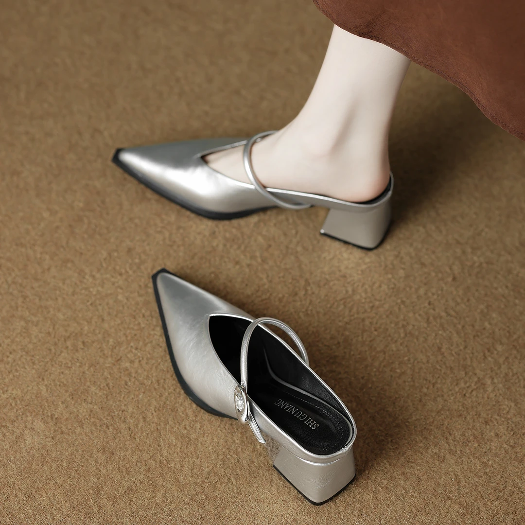 拾姑娘羊皮版6001-11新款包头半拖鞋女夏外穿高跟百搭尖头凉拖鞋