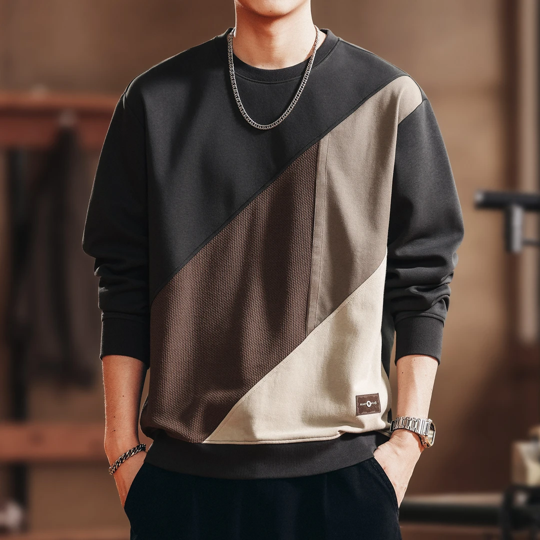 格蓝鹿美式重磅撞色拼接卫衣男士秋季新款时尚设计感长袖休闲上衣