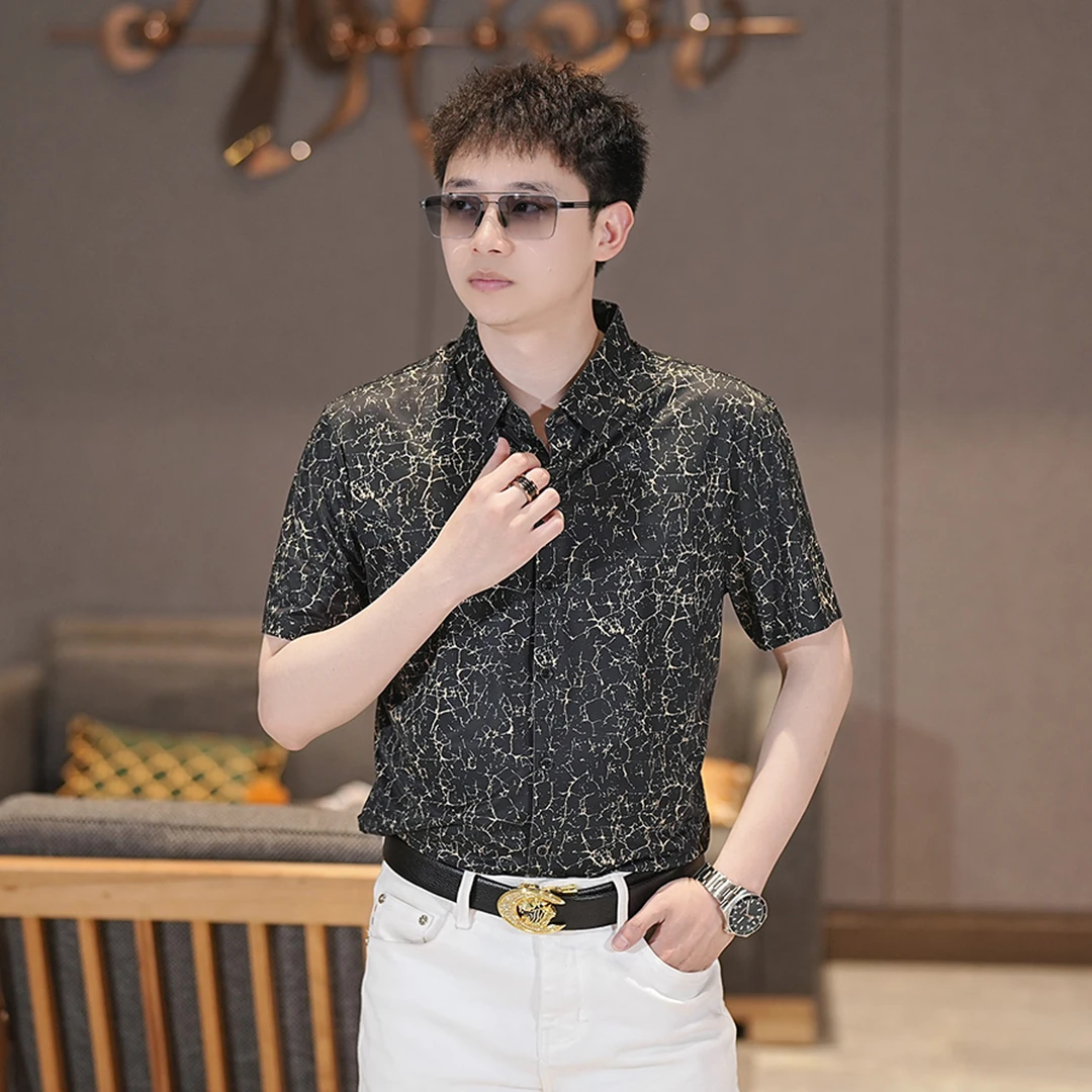 衬衫免烫常规款男士印花百搭短袖夏季薄款商务大码潮流潮流帅气