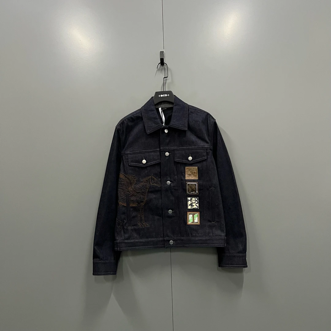 未使用 Hermes/爱马仕 ab1212 020718 藏青色刺绣牛仔外套 48码
