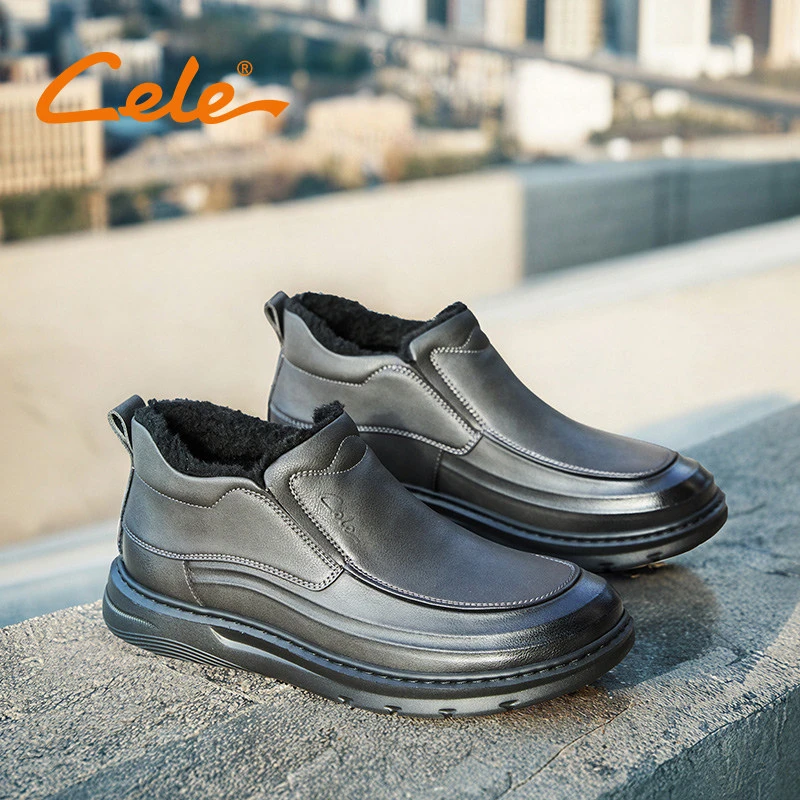 Cele策乐男鞋冬季加绒保暖休闲皮鞋真皮一脚蹬棉鞋短靴中年爸爸鞋