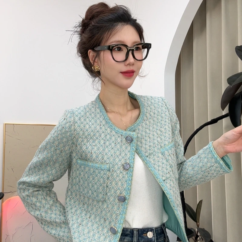 【提夫尼蓝】新款秋冬高级感绿色百搭显白短外套女装气质小香风长袖