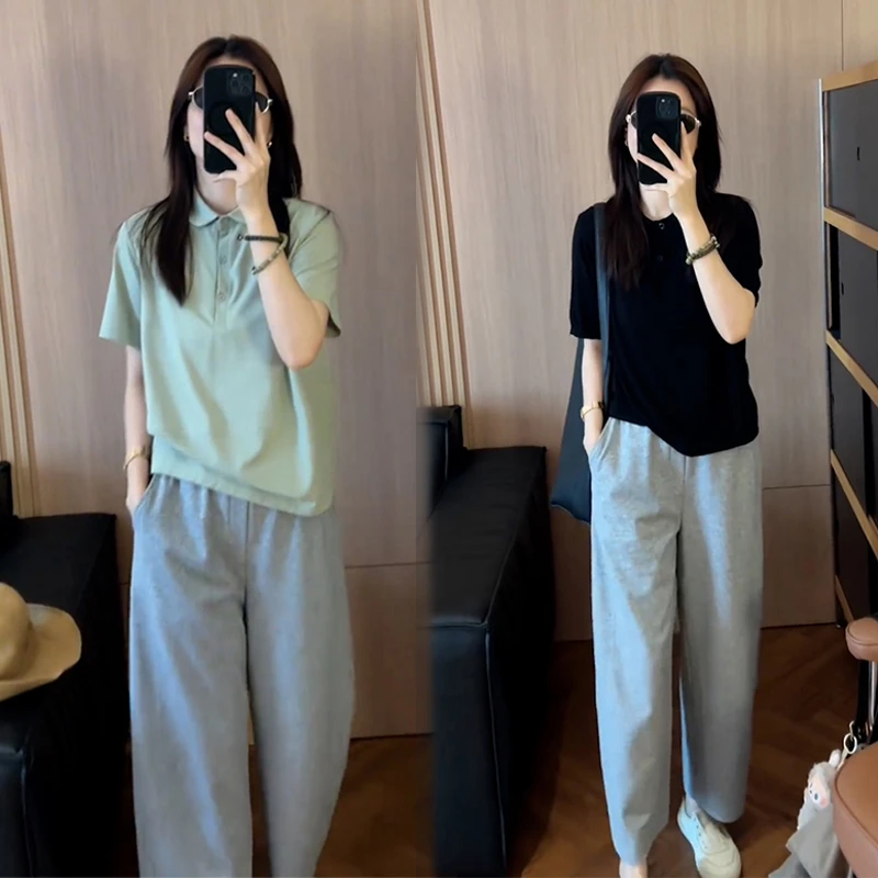 一整套ootd穿搭套装韩版简约娃娃领正肩t恤灰色百搭休闲裤两件套