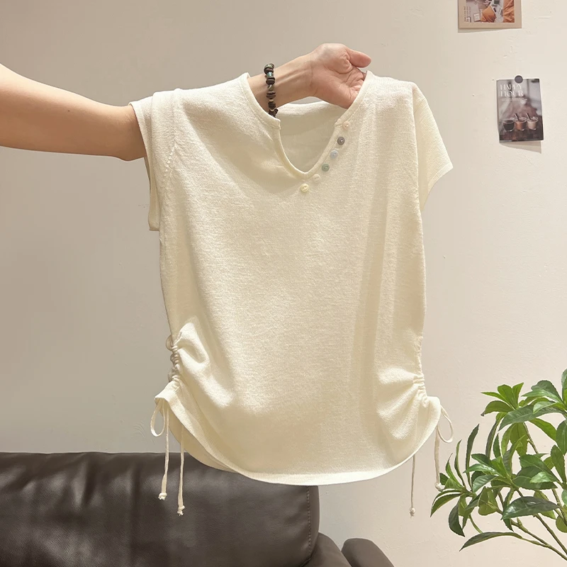 设计感抽绳褶皱收腰显瘦V领短袖t恤女夏季新款温柔薄款绝美小上衣