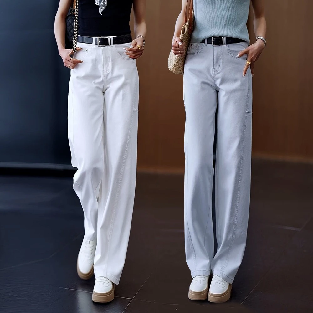 白色牛仔弯刀裤子女春秋2025新款宽松显瘦直筒裤高级感窄版阔腿裤