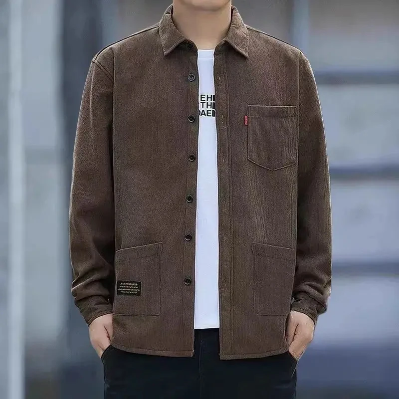 春秋季薄款灯芯绒多口袋工装长袖衬衫男士宽松是百搭修身帅气外套