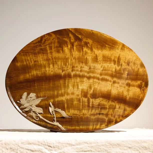 金丝楠阴沉木牡丹花小品水波纹大茶盘J353