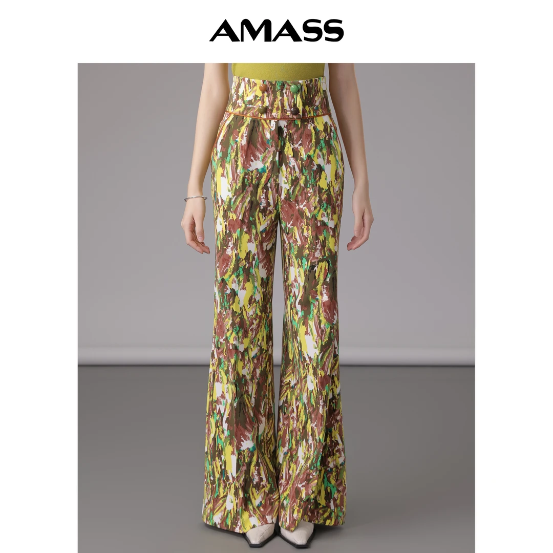 AMASS/阿玛施摩登复古休闲时尚高腰显瘦印花微喇阔腿裤女5100315