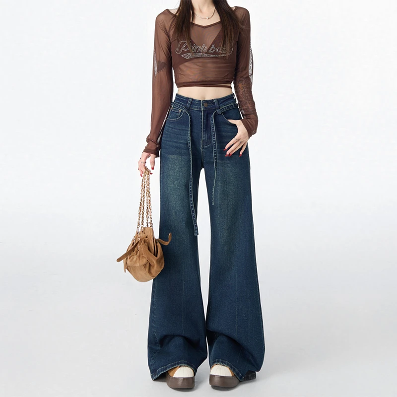 【夏】2025春夏新款微喇弹力牛仔裤女不贴腿高腰宽松喇叭裤浅蓝