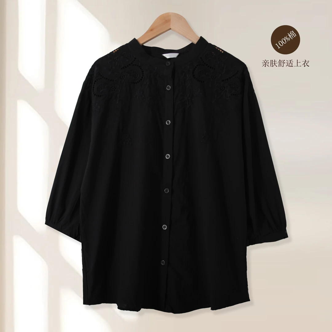 春夏季新款女士全棉刺绣镂空衬衫圆领七分袖潮流上衣01107简约风