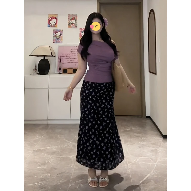 大码休闲套装女夏季一字肩短袖上衣胖MM显瘦高腰碎花半身裙两件套