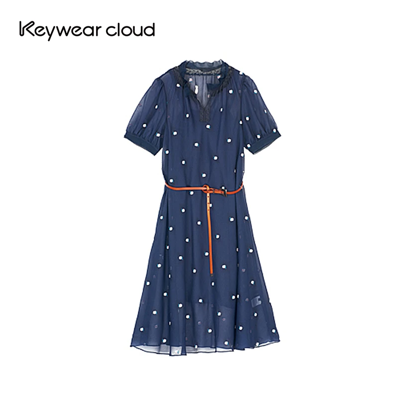 Keywearcloud奇威夏季度假V领短袖系带收腰大摆A字裙连衣裙