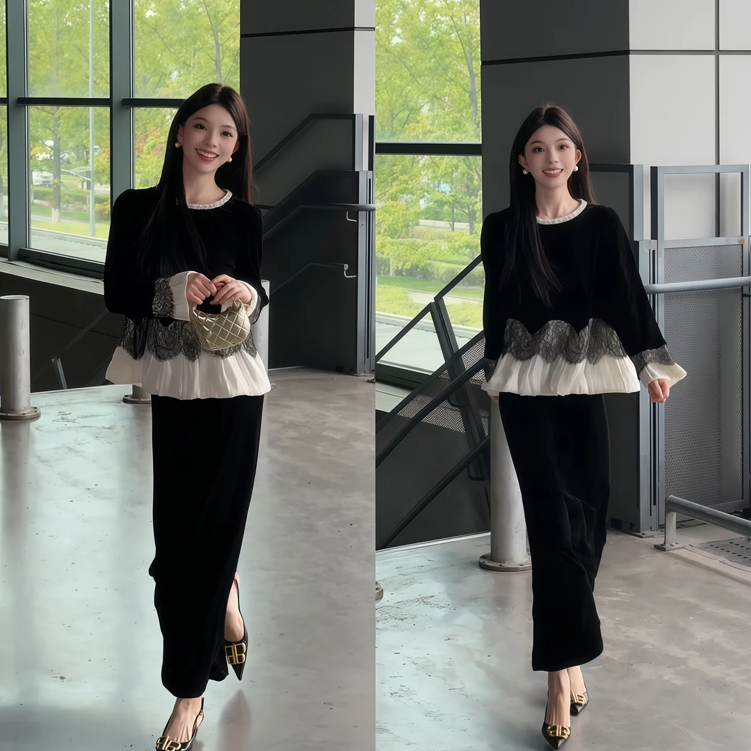丝绒拼接圆领上衣半身裙两件套入秋一整套女装清冷系禅意衣服女