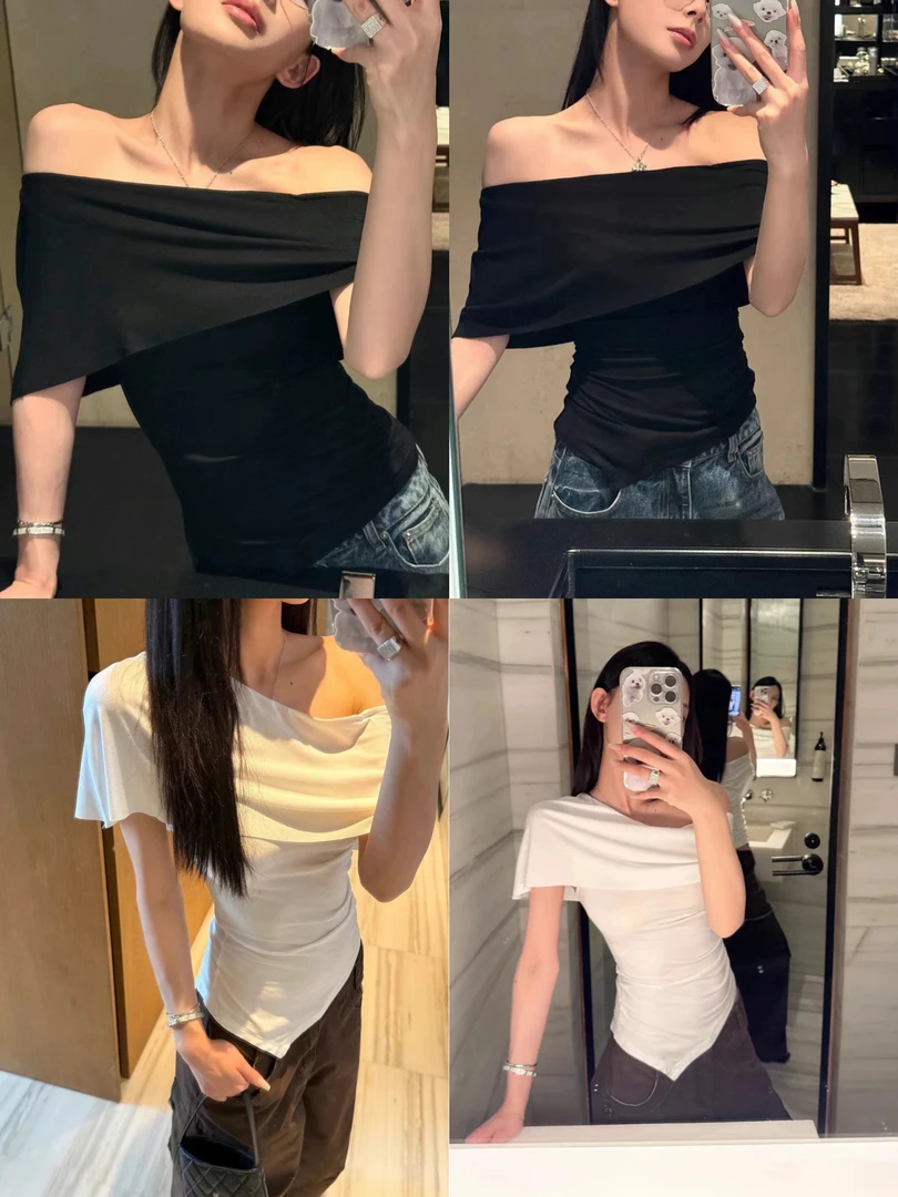 喜糖  福（1xt7799#）温柔系小女人！不规则翻领修身T恤6-15