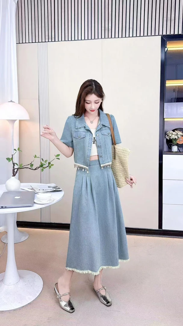 8520#夏季新款时尚休闲牛仔两件套裙【衣长42裙长74】