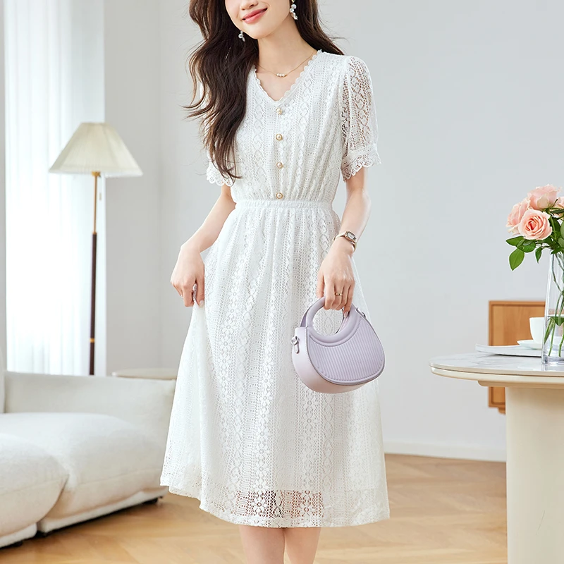 蕾丝连衣裙女轻奢高级感超仙白裙子气质收腰显瘦雪纺长裙气质漂亮