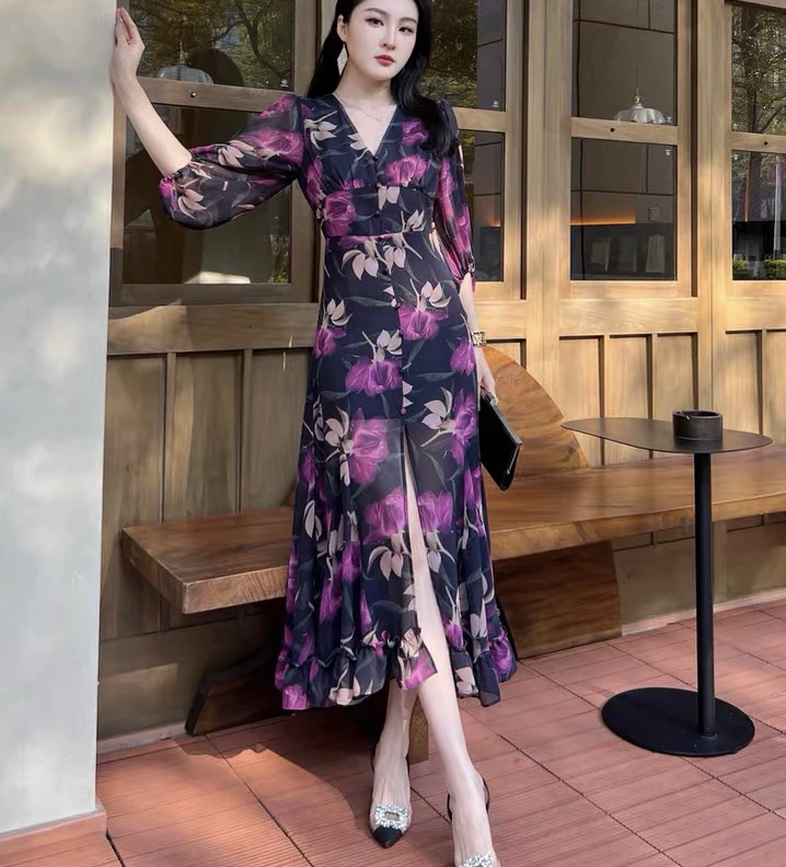 秋秋法式高级优雅V领碎花收腰中袖长款连衣裙尽显柔美气质25608