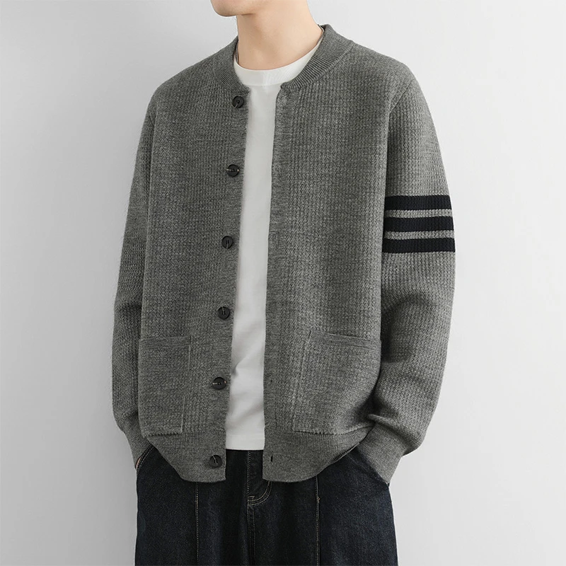 秋装立领针织衫开衫男士高级感男装休闲高档品质毛衣外套拼色潮流