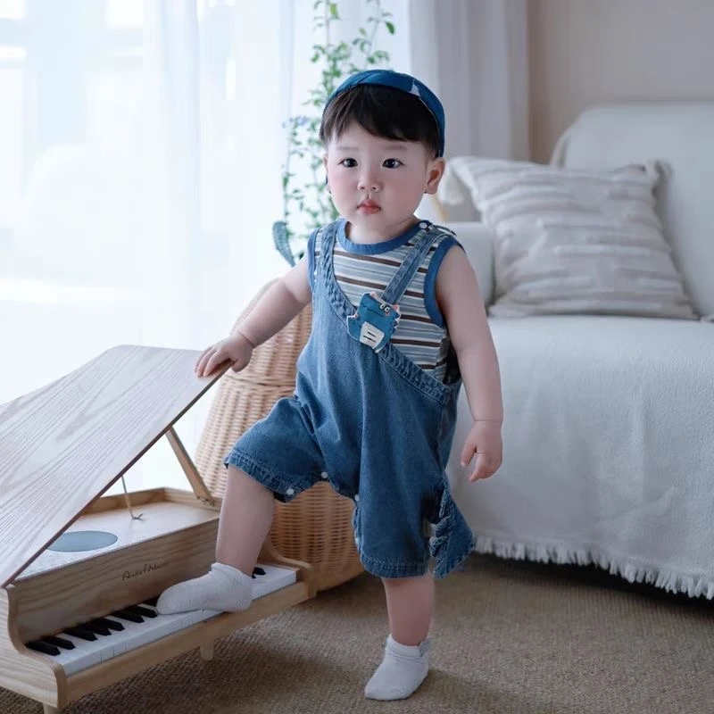 夏装套装牛仔洋气卡通背带裤两件套夏季衣服小男孩外出服爬爬服