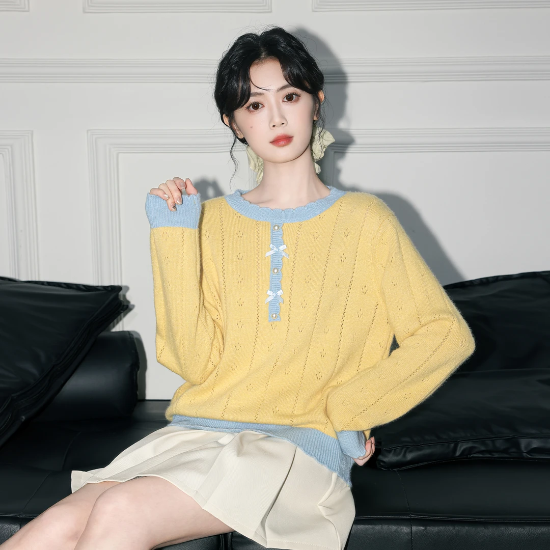 黄色套头毛衣女秋季2025春秋新设计感撞色圆领宽松针织衫打底上衣