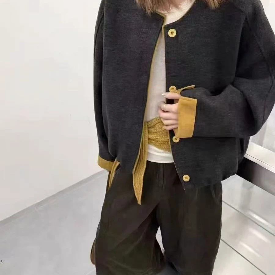 圆领单排扣短款撞色上衣女宽松外套女潮