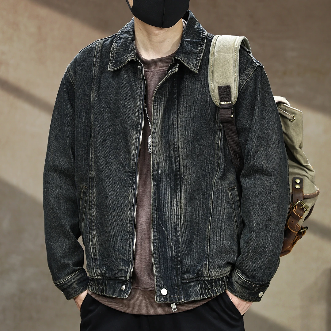高街复古做旧擦色水洗工装牛仔外套男士秋季宽松美式机车痞帅夹克