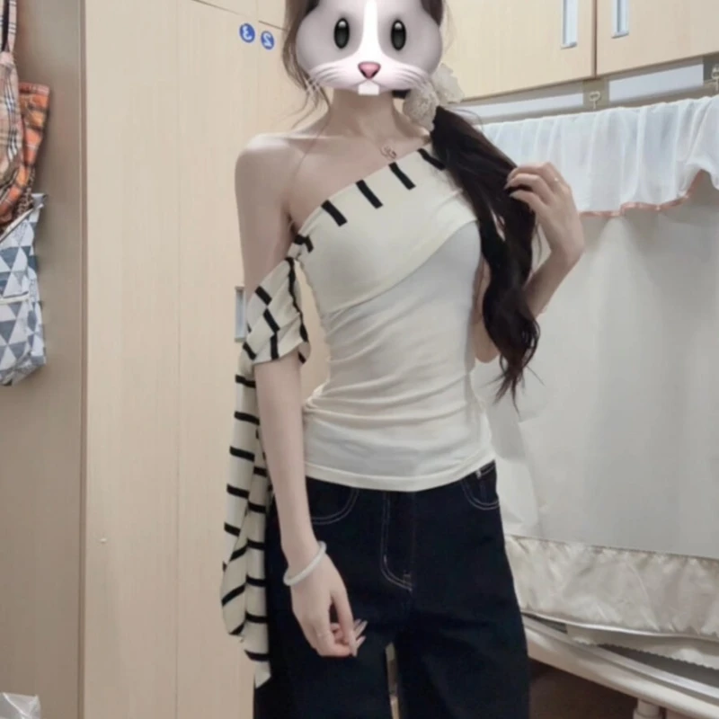 【现货！！！】夏季新款斜肩露肩条纹绑带设计感短袖修身显瘦女上衣