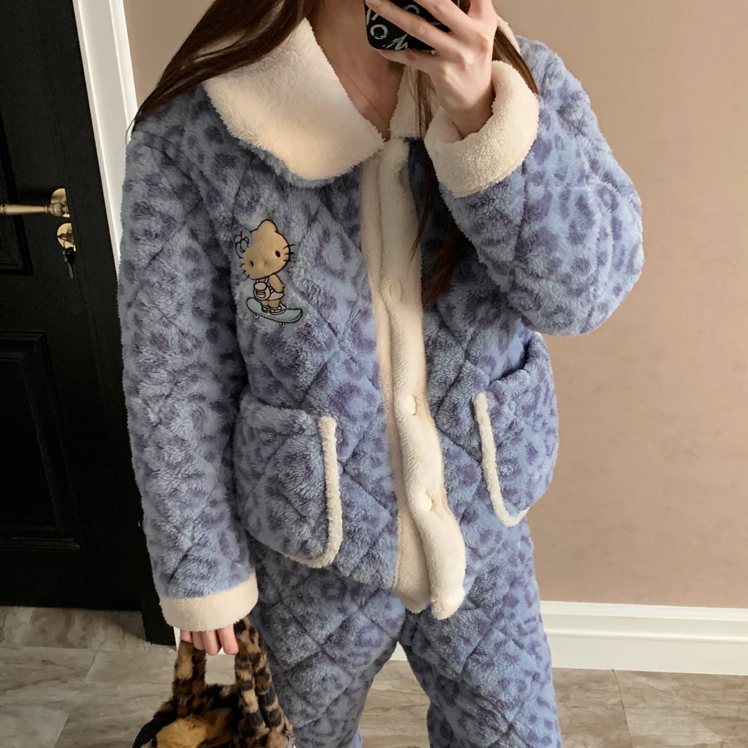 珊瑚绒睡衣女秋冬季三层夹棉大码加厚法兰绒蓝纹猫套装冬天家居服