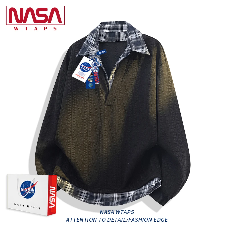 NASA WTAPS美式复古格子假两件卫衣男设计感拼接下摆宽松休闲外套