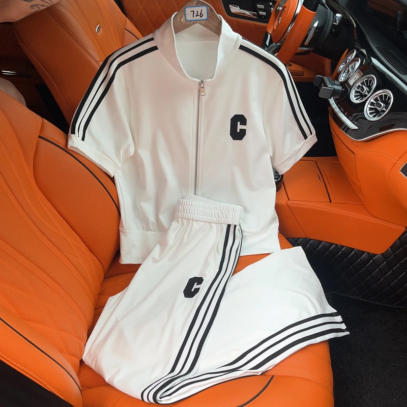 726#A 深圳南油原创白色洋气时尚休闲夏季潮流套装