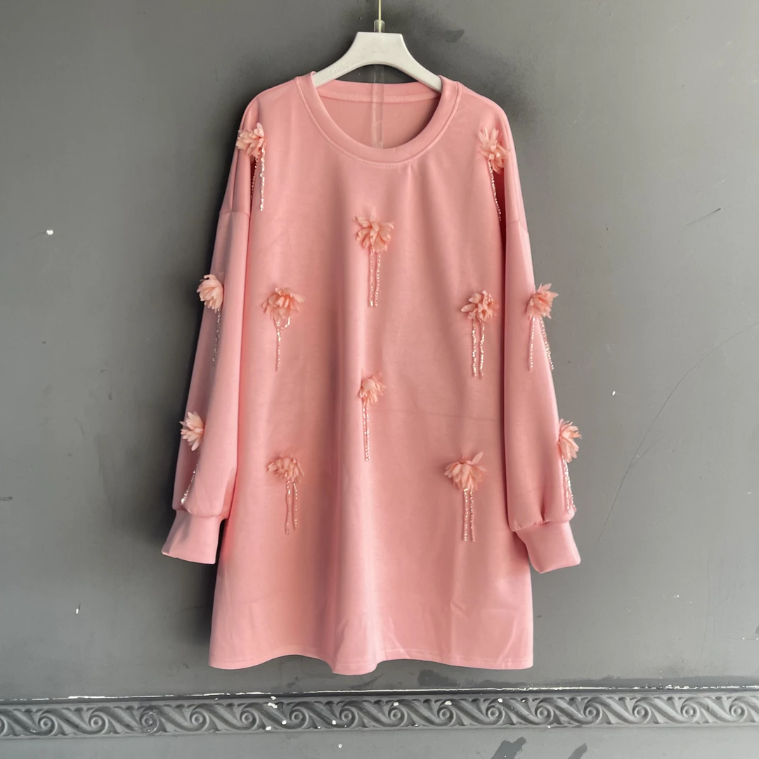 纯色女中长款套头秋季宽松型卫衣盘扣长袖重工绣花