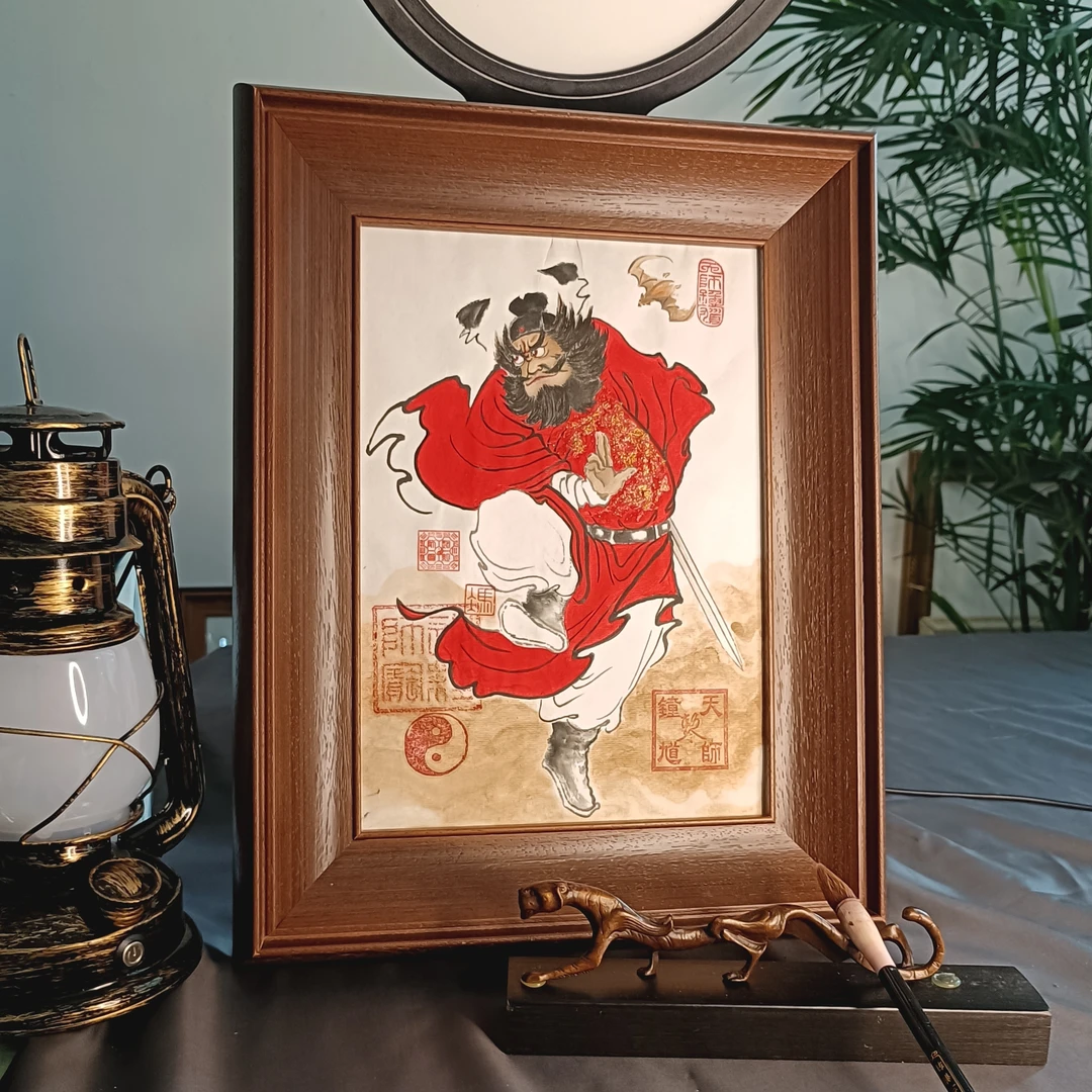 钟馗朱砂画像挂画水墨写意画实木尺寸32cmx40.5cm钟馗画像