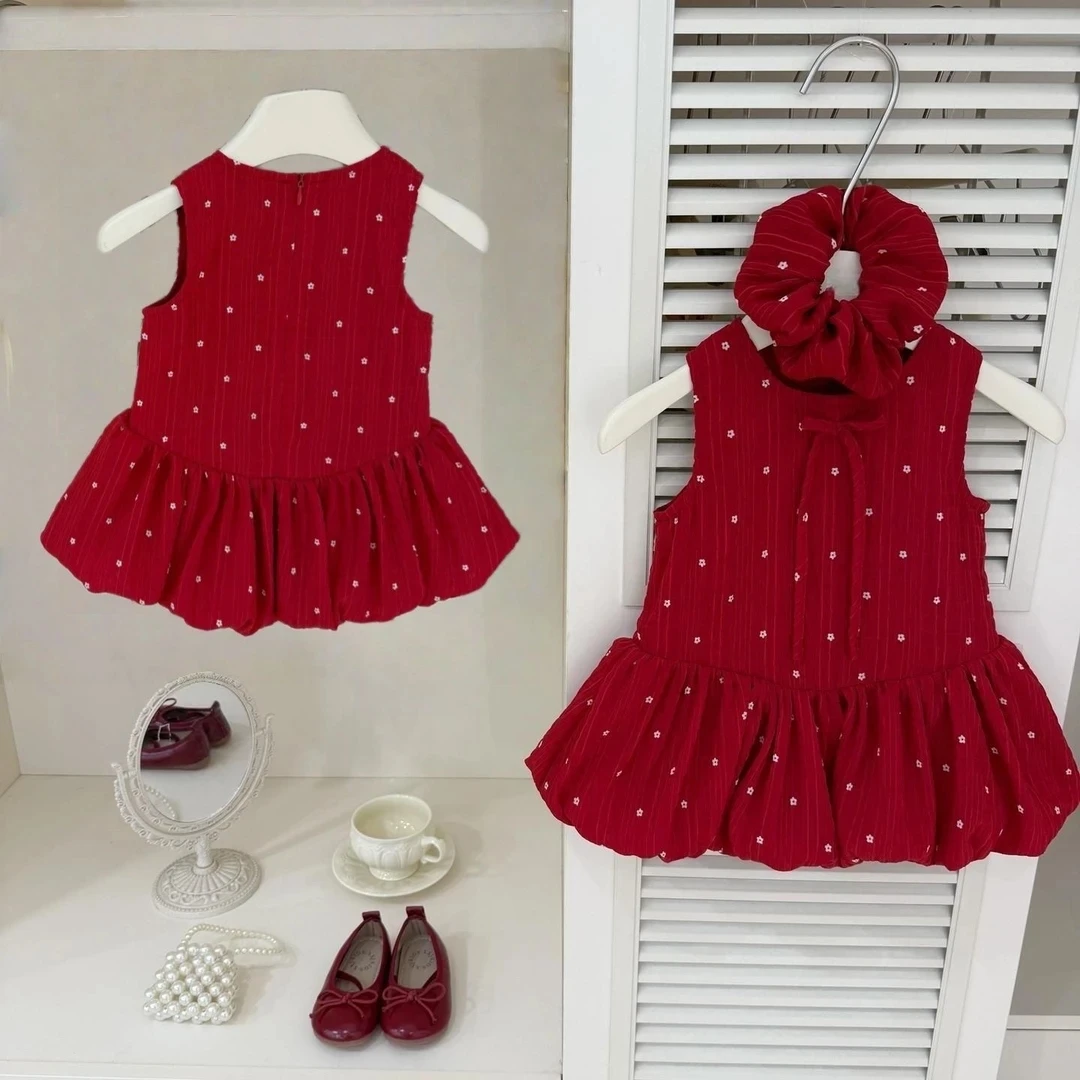 【送发圈】2025女童高级感红色花苞裙女宝宝夏季小花背心裙复古裙子