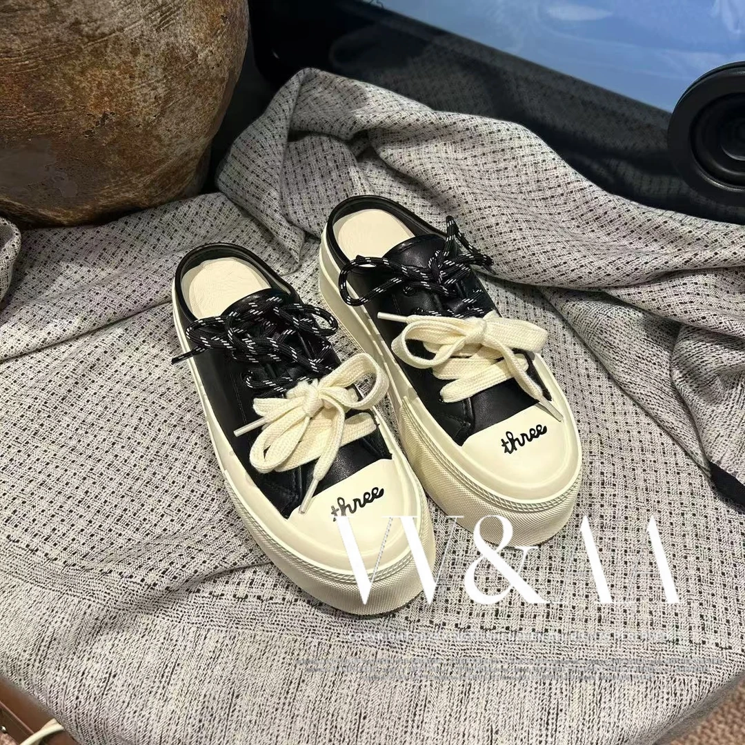 VV&AA 新款春季双色鞋带厚底半拖拖鞋 SS4145
