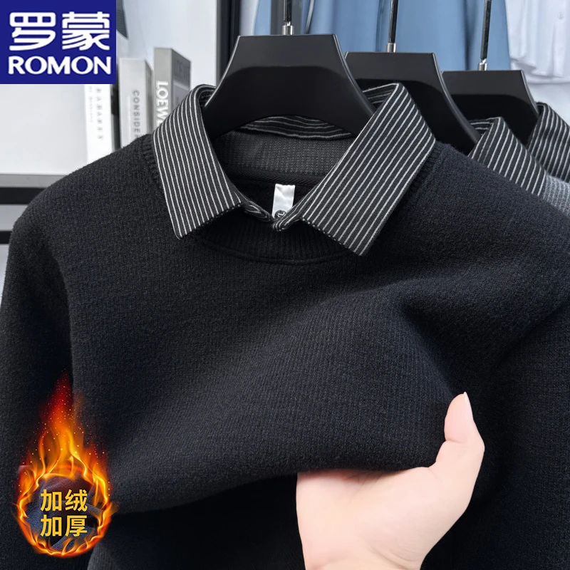 罗蒙秋冬季加绒假两件毛衣男士衬衫领商务休闲厚款保暖针织打底衫