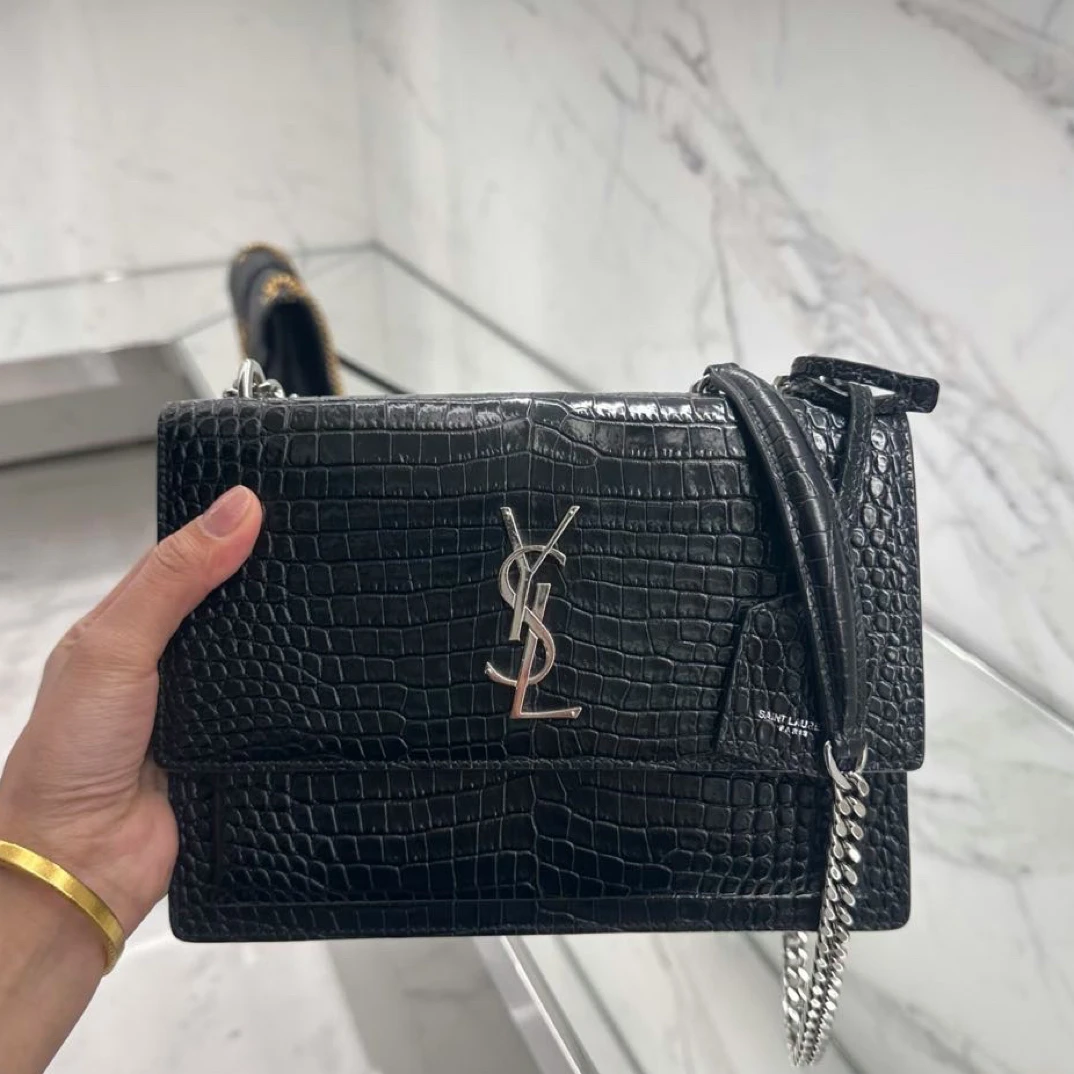 95新 YSL/圣罗兰 鳄压黑银日落斜挎包/3619