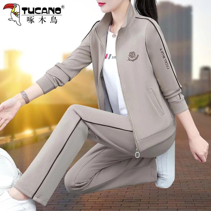 啄木鸟运动套装女士春秋新款短袖时尚宽松大码妈妈跑步休闲三件套